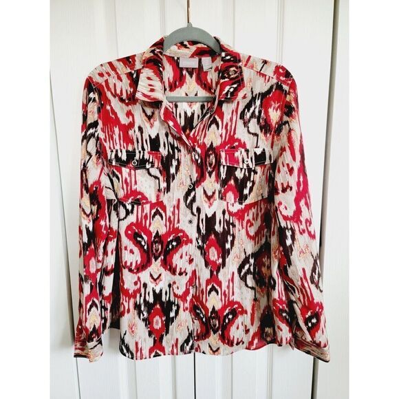 Chico's 2 Multicolor Button Front Top Shirt Size L Tan Red Brown Southwest Style - Picture 1 of 8